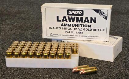 Speer Lawman Gold Dot .45 Auto 185gr HP Ammo, (2) 50 Round Boxes, Brass Case, Part 53964, Boxer Primed