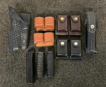 Police Duty Belt Accessory Lot &ndash; Holster, Speedloader, Baton Holders, Handcuff Pouches, Basketweave