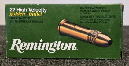 Remington Golden Bullet High Velocity .22 LR 36gr Hollow Point Rimfire, 500 Rounds, Lot 1622, USA