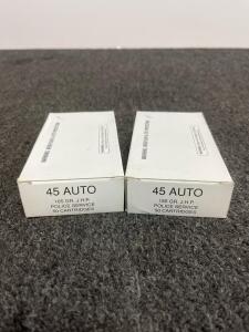 .45 AUTO 185gr JHP Police Service Ammunition, 2 Boxes (100rds), Brass Case, 50 Cartridges/Box