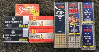Mixed Lot .22 LR Ammunition: CCI Stinger, Mini-Mag, RWS, Federal Spitfire, CI, Assorted HV/HP