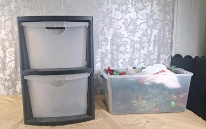 Sterilite 2-Bin Plastic Storage Cabinet & (1) Bin Of Assorted Christmas Decor
