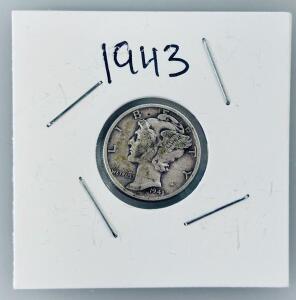1943-S Mercury Dime, 90% Silver, Circulated Condition