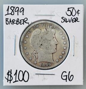 1899 Barber Half Dollar, 90% Silver, No Mint Mark, G-6 Grade, U.S. Coin Collectible
