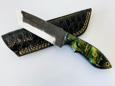 Custom Handmade Sheepsfoot/Tanto Fixed Blade Knife, Resin Handle, Mosaic Pins, Leather Sheath