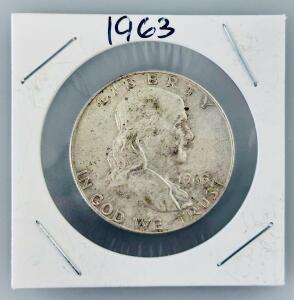 1963 Franklin Half Dollar 90% Silver, Benjamin Franklin, Circulated, Likely Philadelphia Mint