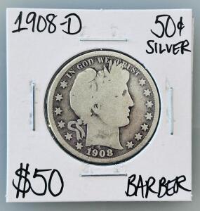 1908-D Barber Half Dollar, 90% Silver, Denver Mint, Circulated, 30.6mm, 12.5g