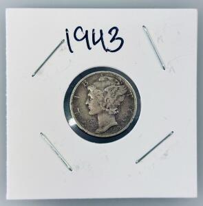 1943-D Mercury Dime, 90% Silver, Circulated Condition