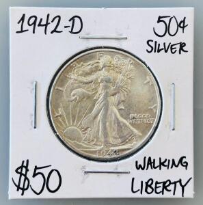 1942-D Walking Liberty Half Dollar, 90% Silver, Denver Mint, Circulated, Key Collector Coin