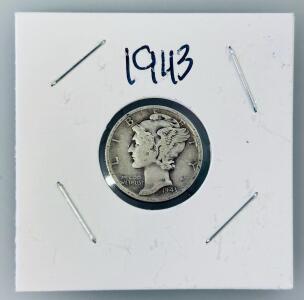 1943 Mercury Dime, Denver Mint, 90% Silver, Circulated, Liberty Head, Fasces Reverse