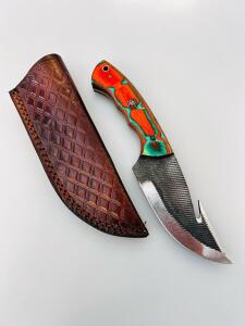 Custom Fixed-Blade Hunting Knife With Gut Hook, Resin Handle, Leather Sheath