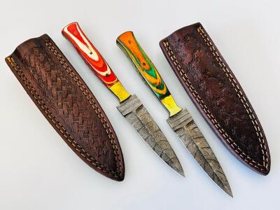 Set Of 2 Custom Damascus Fixed-Blade Knives &ndash; Dyed Wood Handles, 4.5" Blade, Leather Sheaths