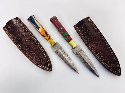 Custom Damascus Fixed-Blade Knife Set, Multicolor Wood/Resin Handles, Tooled Leather Sheaths