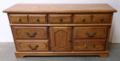 Traditional Oak Veneer Dresser, 7 Drawers, 1 Door, Brass Pulls