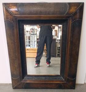Large Rustic Brown Leather-Look Wall Mirror, Ornate Studded Frame, Western Lodge Decor