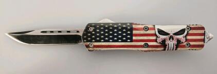 American Flag OTF Automatic Knife, Punisher Skull Handle, USA, 3.4" Blade, Glass Breaker