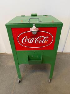 Vintage Coca-Cola Metal Rolling Cooler with Bottle Opener and Drainage