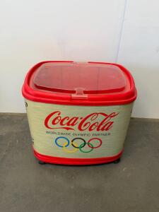 Coca-Cola Olympic Promotional Rolling Cooler 90 Qt, Multilingual, Hinged Clear Lid, Caster Wheels