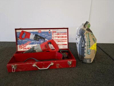 VersaBond-LFT Large Format Tile Mortar, Gray, Open Bag, Approx. 25 lbs Remaining, Custom Building Products, saws all. With case, powered on