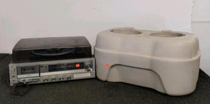 JCPenney 683-1790 AM/FM Stereo Receiver with Turntable, Cassette, and 8-Track Player (powers on, may need some repair), Pet Zone dog bowl/feeder.