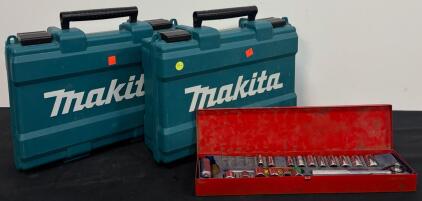 Socket Wrench Set With Ratchet, Sockets, Red Case & 2 Makita Drill Tool Cases