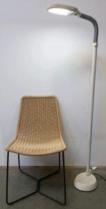 Modern Woven Accent Chair With Black Metal Frame, Beige Seat/Back, White Flexible Floor Lamp