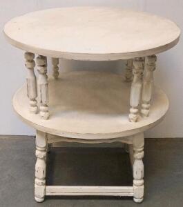 Vintage Two-Tier Round Wooden Accent Table, Distressed Off-White, Turned Legs