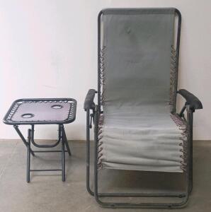 Folding Zero Gravity Recliner Chair & Matching Folding Table, Gray Mesh, 2 Cup Holders, Steel Frame