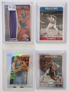 (4) Panini NBA Cards: Russell Rookie Patch #/199, Embiid, Leonard Serial #/199, Love Prizm Holo