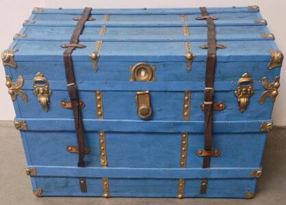 Antique Flat-Top Steamer Trunk with Blue Paint and Brass Hardware