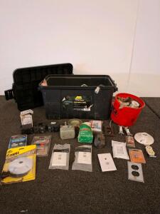 Mixed Electrical & Plumbing Parts Lot with Plano Sportsman&rsquo;s Trunk, Breakers, Wallplates, Fittings