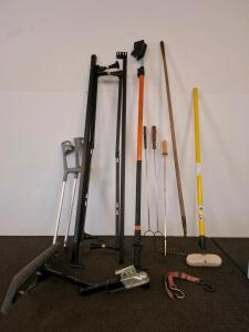 Mixed Utility Lot: Trailer Bow Stop Coupler 2" 2000lb, Crutches, Garden Tools, Tie-Down, bed frame