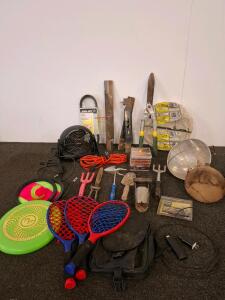 Heat lamp for chickens, powered on, Outdoor Trac Ball Paddle Set (3), Rado Flyer Pro Disc 180g, Velcro Catch Set w/Ball, Mixed Colors, hand yard tools, lawn mower blades, fan( powered on) and more.