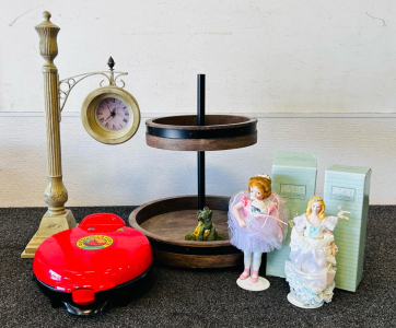 Nostalgia Quesadilla Maker (Tested And Works), Avon Porcelain Dolls, Vintage Clock, Rustic Tiered Tray, And Turtle Figurine