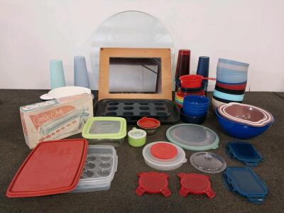 Assorted Kitchenware &ndash; 20+ Bowls, 10+ Cups, Plates, Containers, Vintage Cookie Press, Glass Table Top, And More