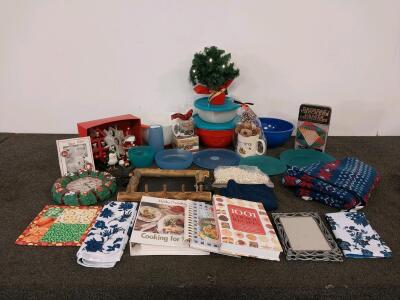 Holiday Decor & Kitchenware &ndash; Hershey&rsquo;s Mugs, Puzzles, Tree, Ornaments, Plasticware, Picture Frames, Assortment Of Cookbooks, Dish Towels & More