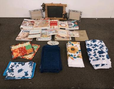 Picture Frames, Assortment Of Cookbooks, Dish Towels & More