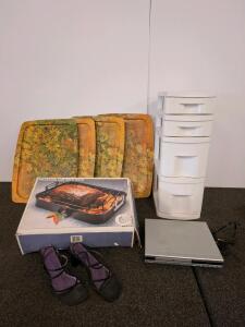 Vintage Trays, Drawers, Cooks Roasting Pan, DVD Player powered on. & Heels