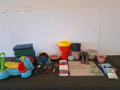 Large Assorted Lot: Ride-On Elephant Toy, Garden Tools & Gloves, Pots, Boots, Books, Cushions