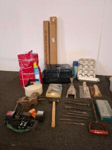 Assorted Hand Tools & Hardware Lot - Valley 5105 Coupler, Schlage Handle, Drill Bits, Tie-Down, roasting pan, cupcake pan, vintage thermos drill bits and more