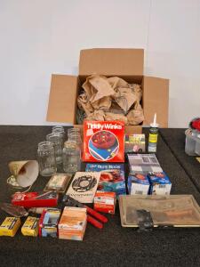 Bulk Assorted Lot: Tools, Super Tech Oil Filters, Ramset Loads, Ball Blue Book, canning jars, potato harvest bags, lamp, tested and works. and more