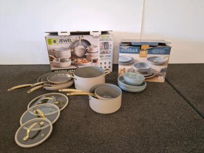 GreenPan Jewel 11-Piece Ceramic Cookware Set & Over & Back 16-Piece Stoneware Dinnerware Set