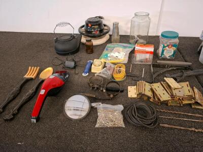 Mixed lot household items and tools. Cast iron tea pot, large amount of hinges, drill bits, hand held vacuum and more.