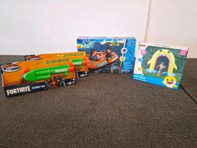 Nerf Fortnite Pump-SG Water Guns (2), Bestway Kondor 2000 Raft, Baby Shark 5ft Sprinkler