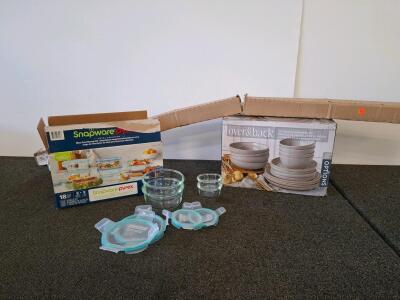 Snapware Pyrex 18-piece Glass Food Storage Set & Over&Back 16-piece Gray Dinnerware Set, new trim.