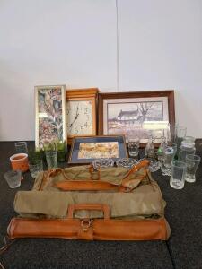 Assorted Vintage Glassware, Framed Art, Wall Clock & Travel Bag, 20+ Pieces