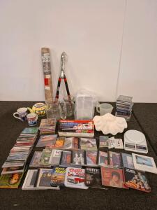 Large Lot Household Goods, Hamilton Beach Electric Knife, tested and powered on. 40+ CDs, Cassettes, Kitchenware
