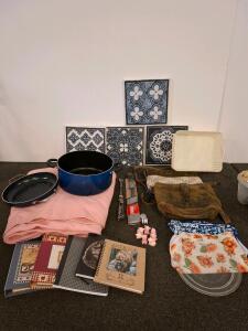 Assorted Artbooks & Journals Lot&mdash;Inspirations by Jody Bergsma, Wolf & Recipe Covers, Spiral & Hardcover, pot, and pan, bed spread, hanging macrame` food processor and more