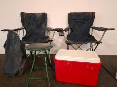 Coleman 48qt Red Cooler, 2 Folding Camp Chairs, 1 Folding Stool, Carry Bag &ndash; Outdoor Lot