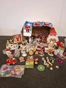 Large Lot Assorted Christmas Ornaments & Decorations, Santa, Reindeer, Tree, Towels, 70+ Pieces